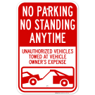 No Parking No Standing Anytime Unauthorized Vehicles Towed With Graphic Sign No Parking No Standing Anytime Unauthorized Vehicles Towed With Graphic Sign