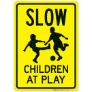 Slow Children At Play Sign With Football Warning Sign, Traffic Sign Slow Children At Play Sign With Football Warning Sign, Traffic Sign