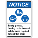 Notice Safety Gear Required Glasses Ear Protection Shoes Beyond Here, ANSI Sign, With Symbol Notice Safety Gear Required Glasses Ear Protection Shoes Beyond Here, ANSI Sign, With Symbol