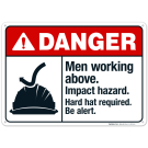 Men Working Above Impact Hazard Hard Hat Required Be Alert Sign, ANSI Danger Sign Men Working Above Impact Hazard Hard Hat Required Be Alert Sign, ANSI Danger Sign