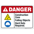 Construction Zone Falling Objects Hard Hats Required Sign, ANSI Danger Sign Construction Zone Falling Objects Hard Hats Required Sign, ANSI Danger Sign