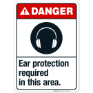 Danger Ear Protection Required In This Area, ANSI Sign, With Symbol Danger Ear Protection Required In This Area, ANSI Sign, With Symbol
