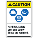 Caution Hard Hat Safety Vest And Safety Shoes Are Required, ANSI Construction Sign, With Symbol Caution Hard Hat Safety Vest And Safety Shoes Are Required, ANSI Construction Sign, With Symbol