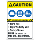 Caution Safety Gear Required At Construction Site, ANSI Sign, With Symbol, Yellow Header Caution Safety Gear Required At Construction Site, ANSI Sign, With Symbol, Yellow Header
