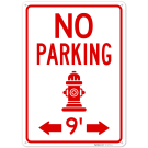 No Parking For 9 Ft On Either Side With Fire Hydrant Symbol Sign, No Parking For 9 Ft On Either Side With Fire Hydrant Symbol Sign,