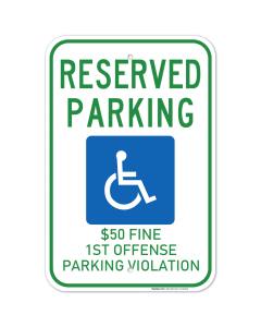 Alabama Handicap Parking Sign, Reserved Parking $50 Fine for First Offense Parking Violation with Symbol Sign