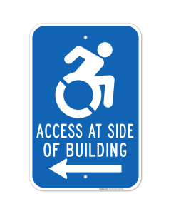 New York Handicap Parking Sign, Access At Side Of Building With Left Arrow Sign