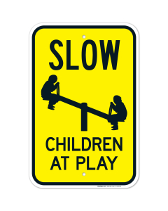 Slow Children At Play Sign With Kids In Swing Sign, Traffic Sign