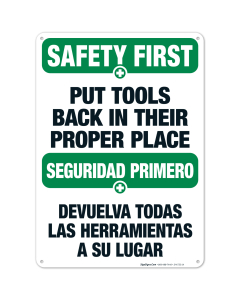 Put Tools Back In Their Proper Place Bilingual Sign, OSHA Safety First Sign