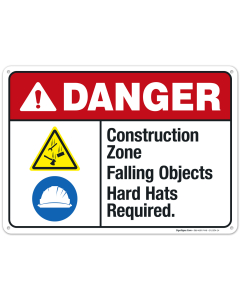 Construction Zone Falling Objects Hard Hats Required Sign, ANSI Danger Sign