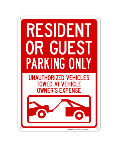 Resident Or Guest Parking Only Unauthorized Vehicles Towed At Owner With Graphic Sign