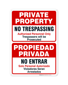 Private Property No Trespassing Sign, Authorized Personnel Only Bilingual