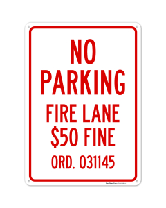 Missouri No Parking Fire Lane $50 Fine Sign,