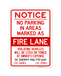 Notice No Parking In Areas Marked As Fire Lane Sign,