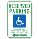 Wisconsin Handicap Parking Sign, Reserved Parking Vehicles Vet Plates Or State Disabled Card Left Arrow Sign