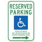 Wisconsin Handicap Parking Sign, Reserved Parking Vehicles Vet Plates Or State Disabled Card Right Arrow Sign