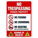 Private Property No Fishing Swimming Boating Or Flotation Devices Beware Of Wildlife Sign